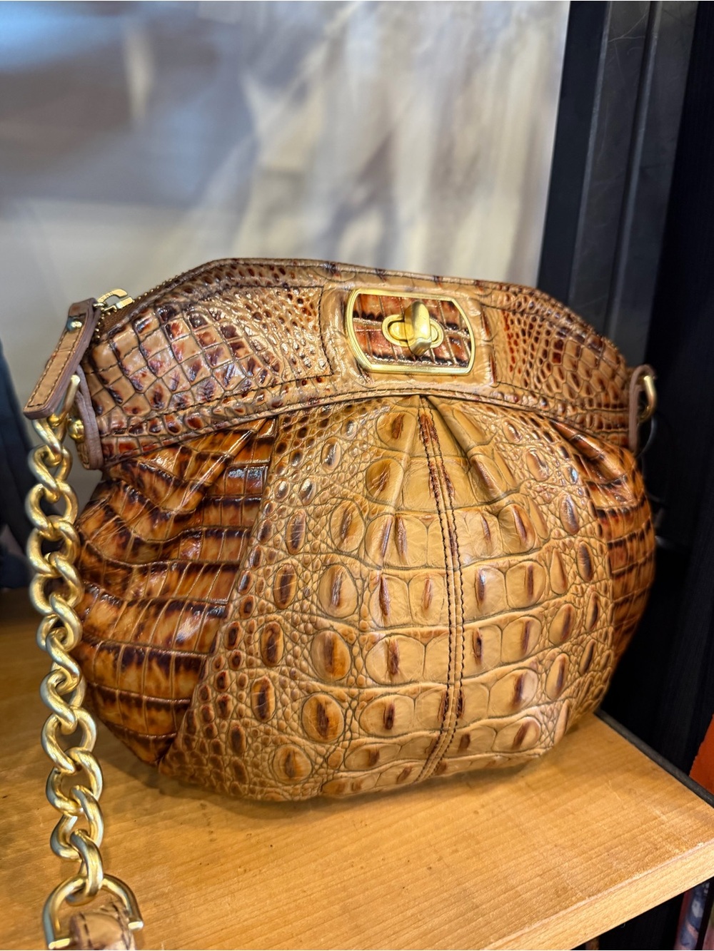 Brahmin Croc-Embossed crossbody Bag in Brown and Tan with Gold Hardware